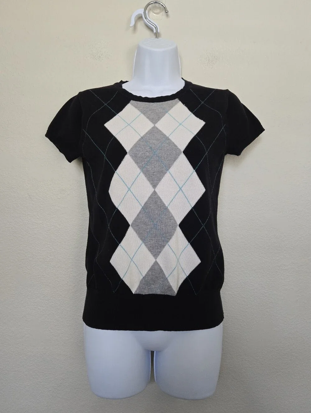 Y2K Classic Argyle Cotton Knit Sweater Short Sleeve Size Small Preppy Retro